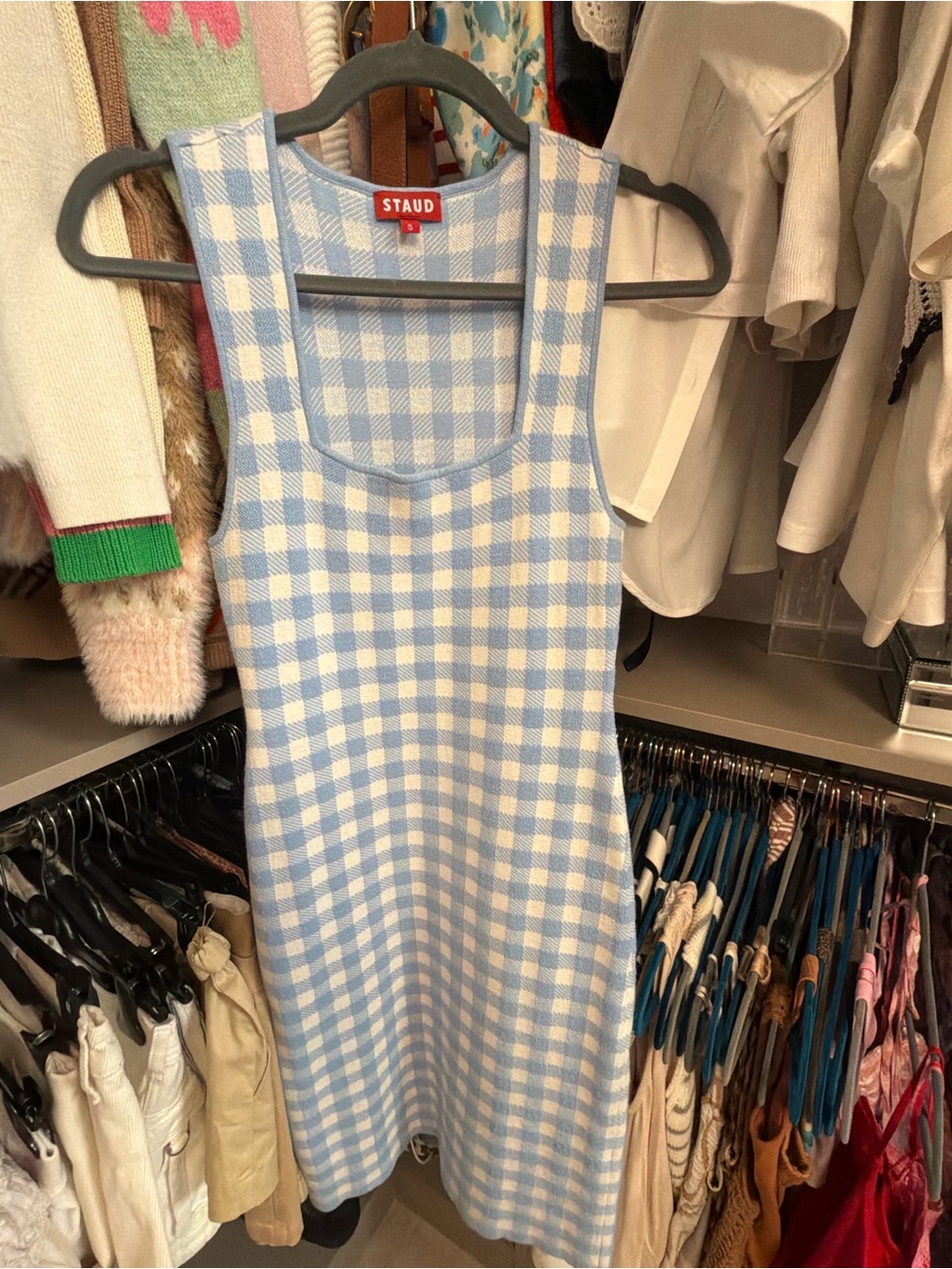 STAUD Blue and White Gingham Knit Tank Dress